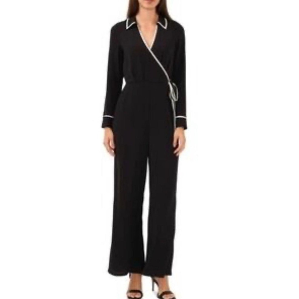 Halogen Contrast Piping Long Sleeve Jumpsuit white trim on the collar xl